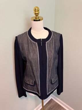 St. John Sport Denim Knit Zip Jacket Gray Navy Contrast Stitching Medium NWOT
